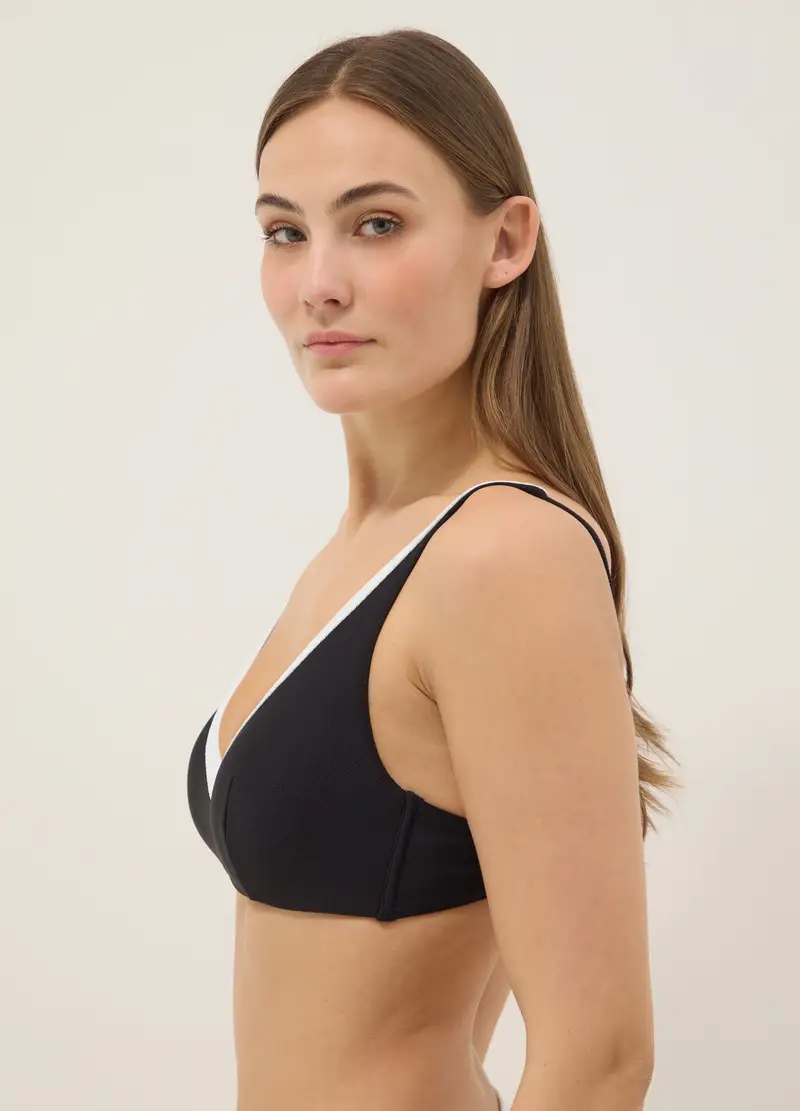 Top Bikini In Tessuto Elasticizzato Nero E Bianco Con Scollo A V, Donna, Multicolor
