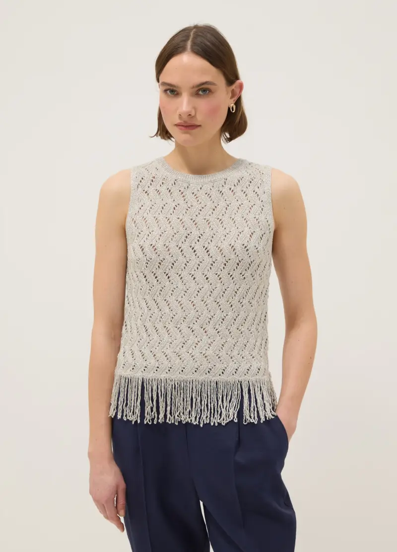 Top Traforato In Misto Viscosa Beige Regular Fit Con Frange, Donna, Beige