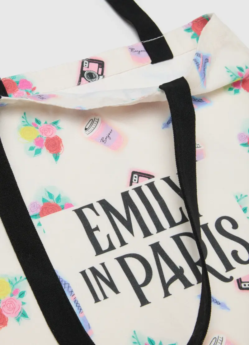 Tote Bag In Puro Cotone Multicolor Con Stampa Emily In Paris, Donna, Multicolor miniatura 3