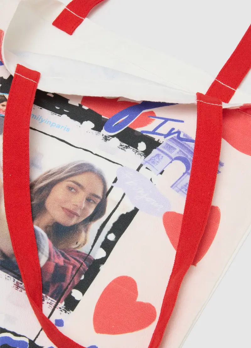 Tote Bag In Puro Cotone Multicolor Con Stampa Emily In Paris, Donna, Multicolor miniatura 3