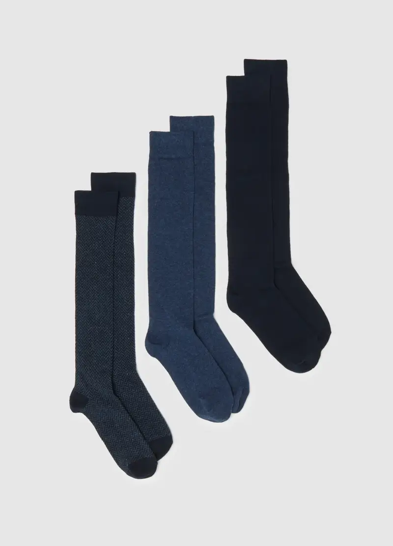 Tripack Calze In Misto Cotone Blu Elasticizzato, Uomo, Blu