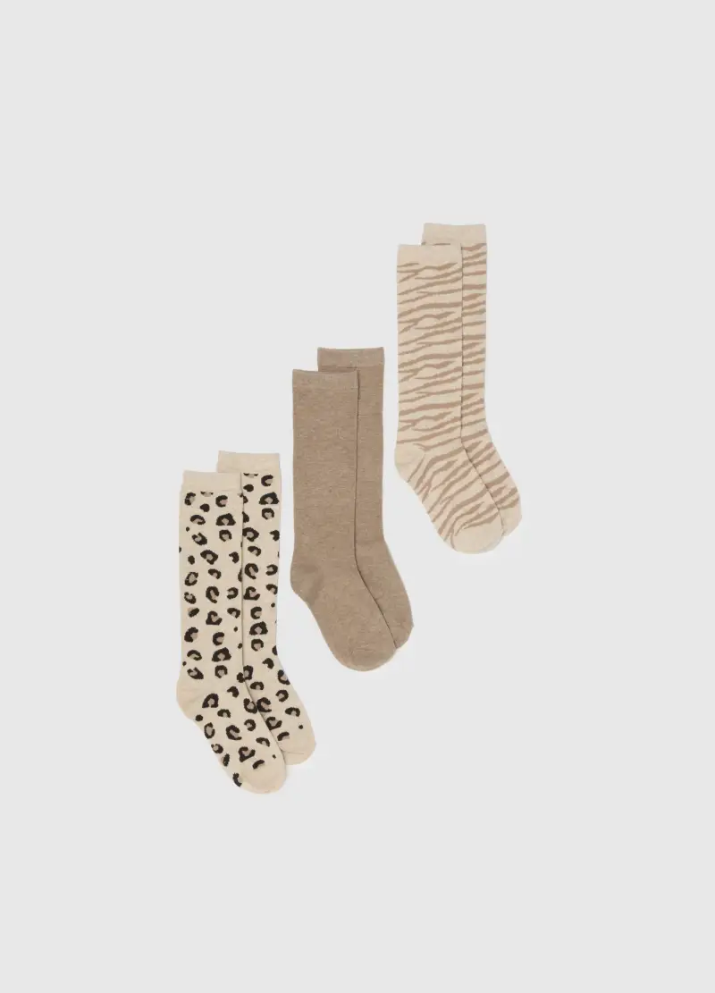 Tripack Calzini Multicolor Animalier E Tinta Unita, Donna, Beige