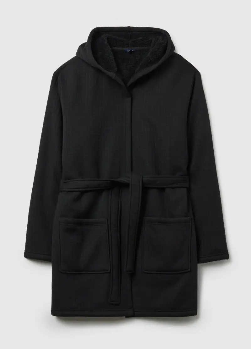 Vestaglia Con Microquadri Nera Con Cappuccio E Cintura, Uomo, Nero