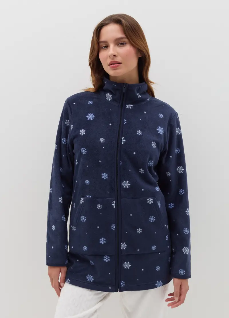 Vestaglia Corta Full-zip Stampa Fiocchi Di Neve, Donna, Blu miniatura 2