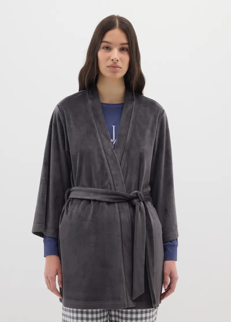 Vestaglia Grigia In Ciniglia Elasticizzata, Donna, Grigio miniatura 2