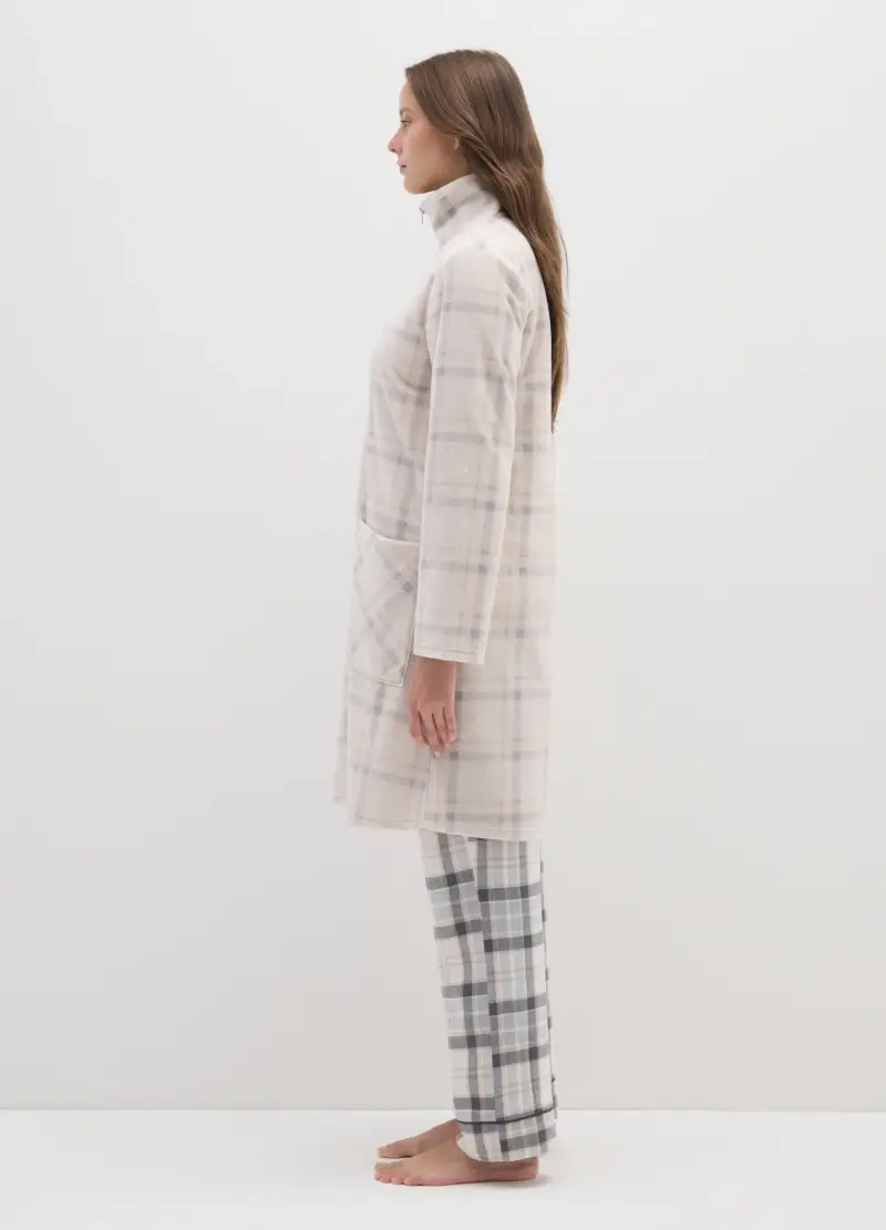 Vestaglia In Pile Beige A Quadri Con Tasche, Donna, Beige miniatura 2