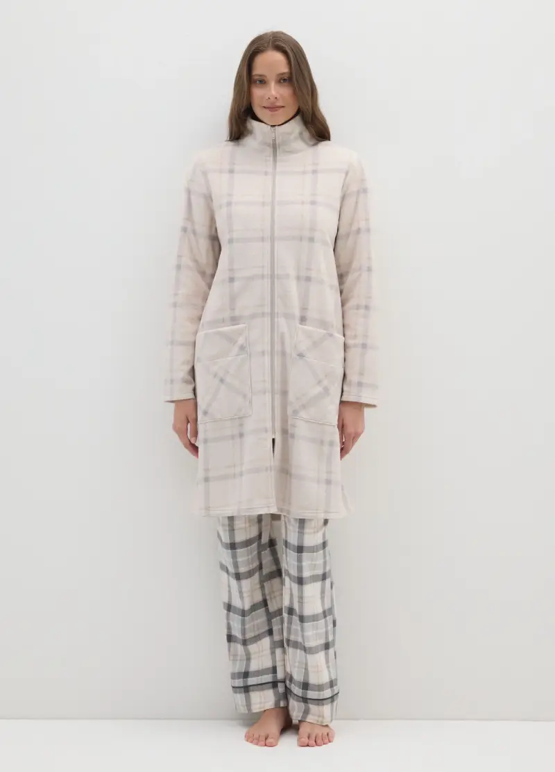 Vestaglia In Pile Beige A Quadri Con Tasche, Donna, Beige