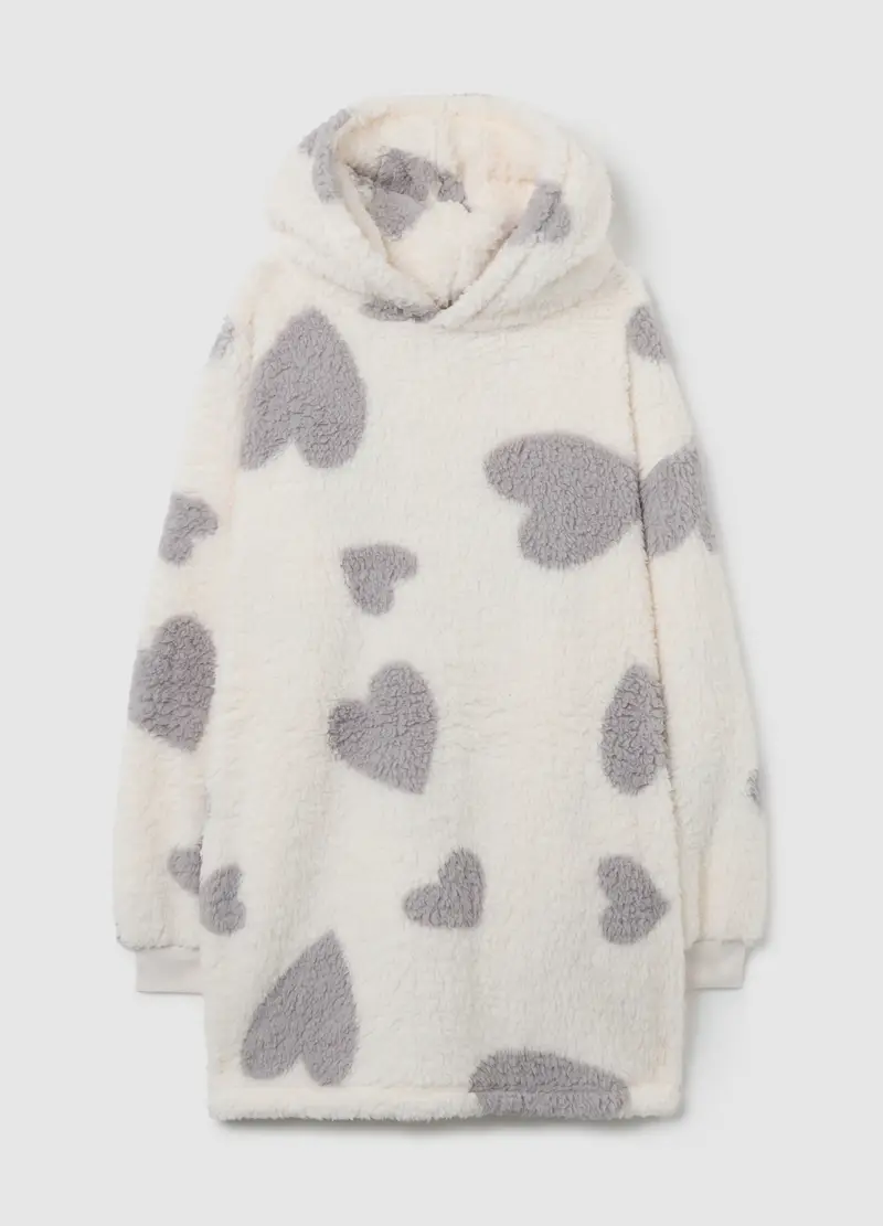 Vestaglia In Sherpa Bianca Con Cuori Grigi, Donna, Multicolor