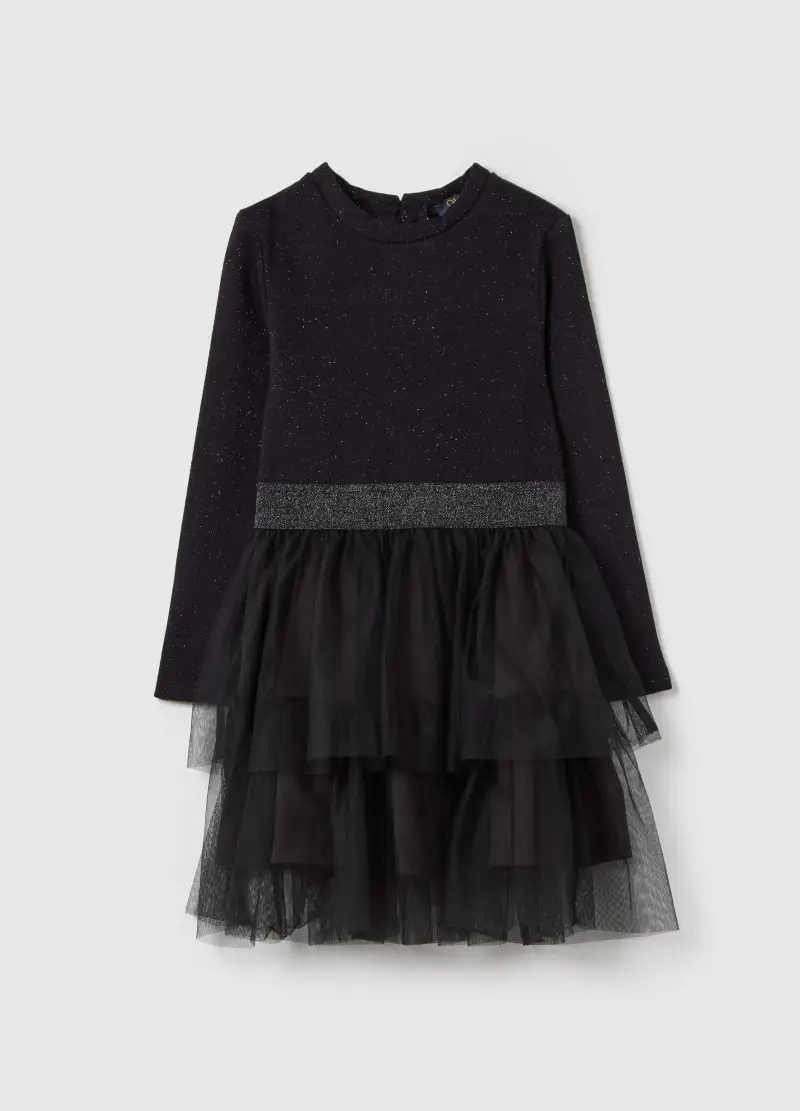 Vestito Con Lurex E Gonna In Tulle, Bambina, Nero