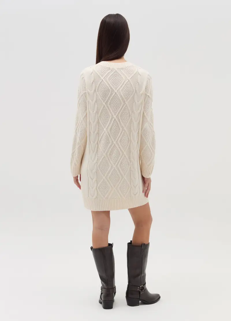 Vestito Corto In Maglia Con Motivo A Rombi, Donna, Bianco miniatura 3