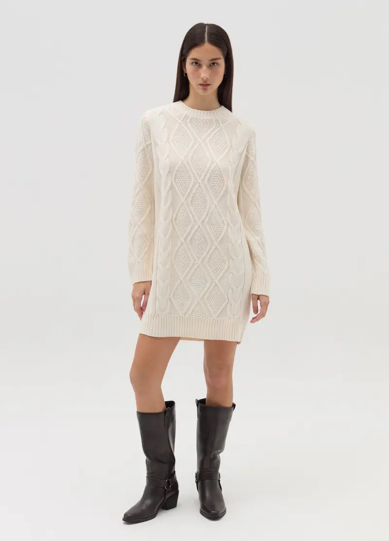 Vestito Corto In Maglia Con Motivo A Rombi, Donna, Bianco