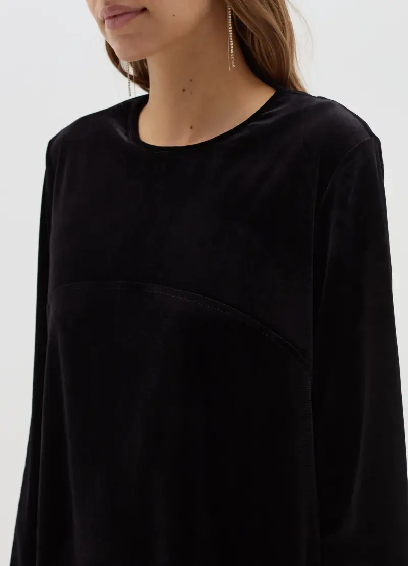 Vestito Corto In Velluto Con Maniche Lunghe, Donna, Nero miniatura 3