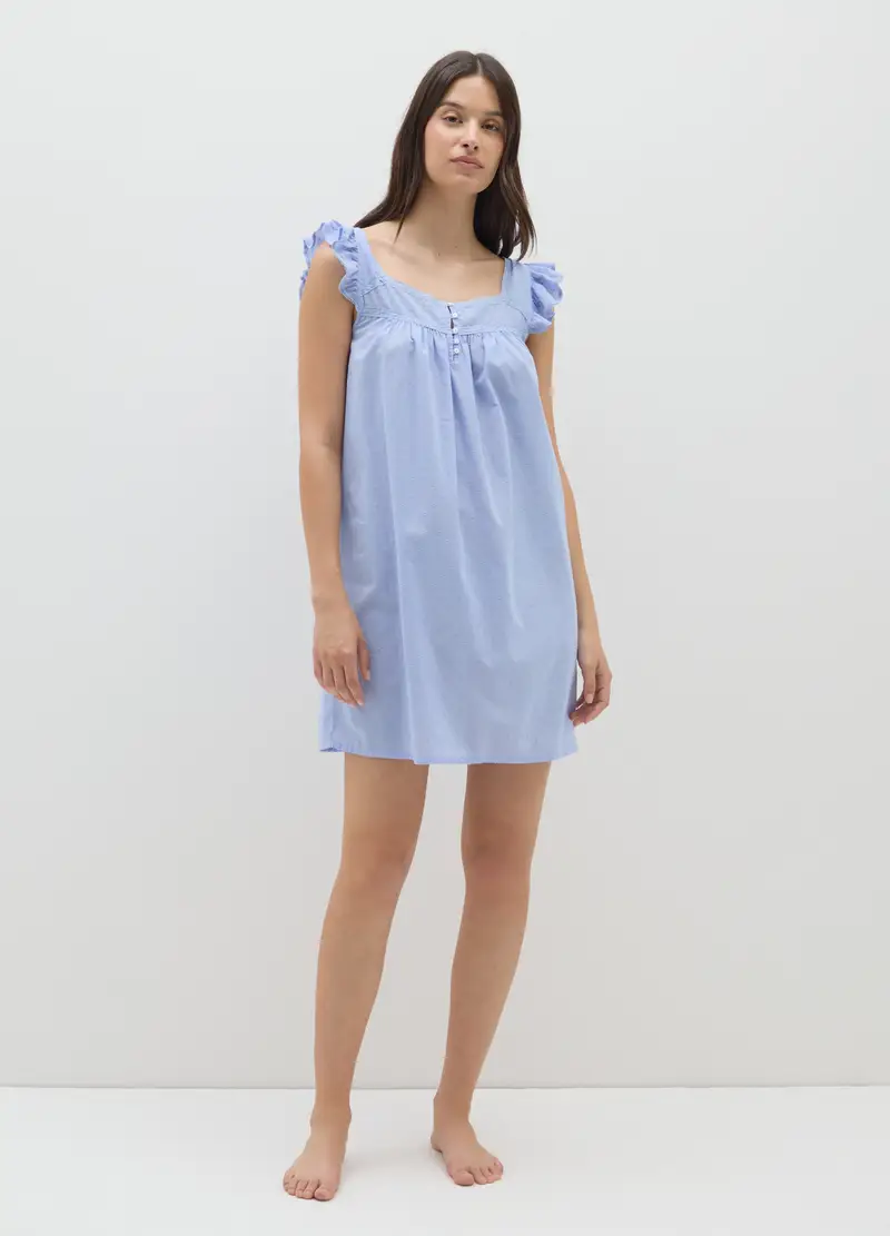 Vestito Da Donna In Puro Cotone Azzurro Con Balze, Azzurro