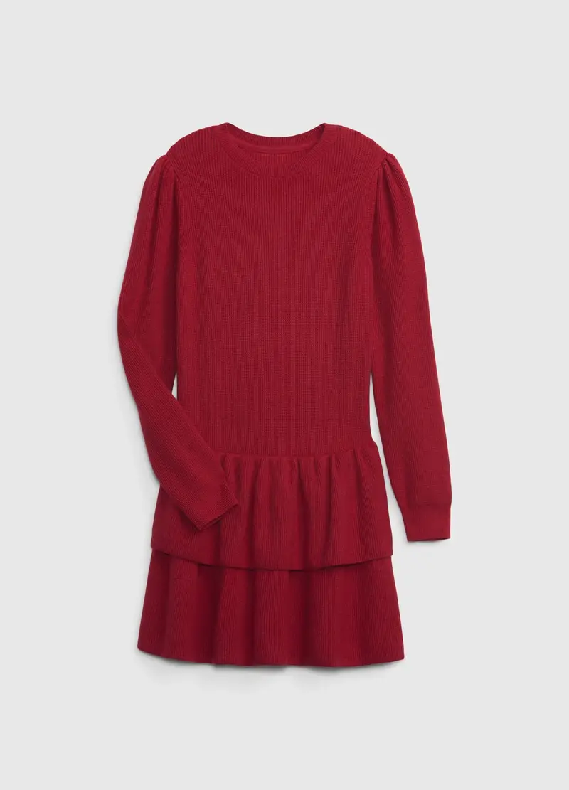 Vestito In Micro Trama Waffle Con Balze, Bambina, Rosso