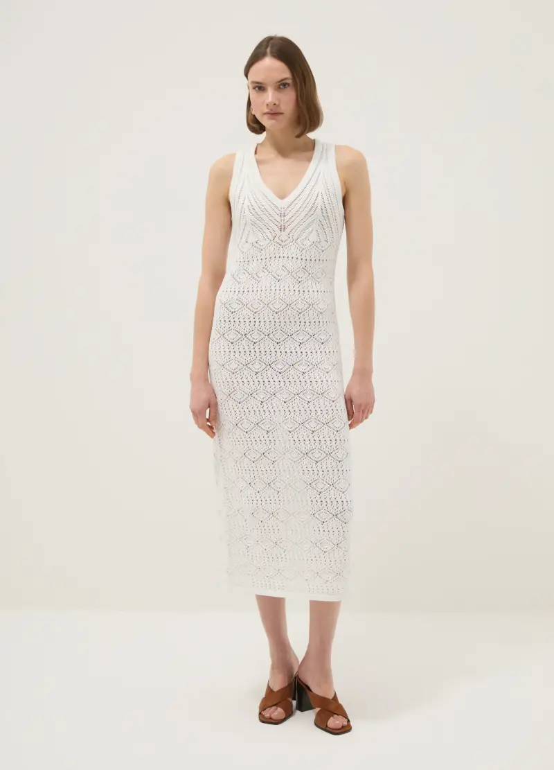 Vestito In Puro Cotone Bianco Slim Fit Con Design Traforato Deep V, Donna, Bianco miniatura 2