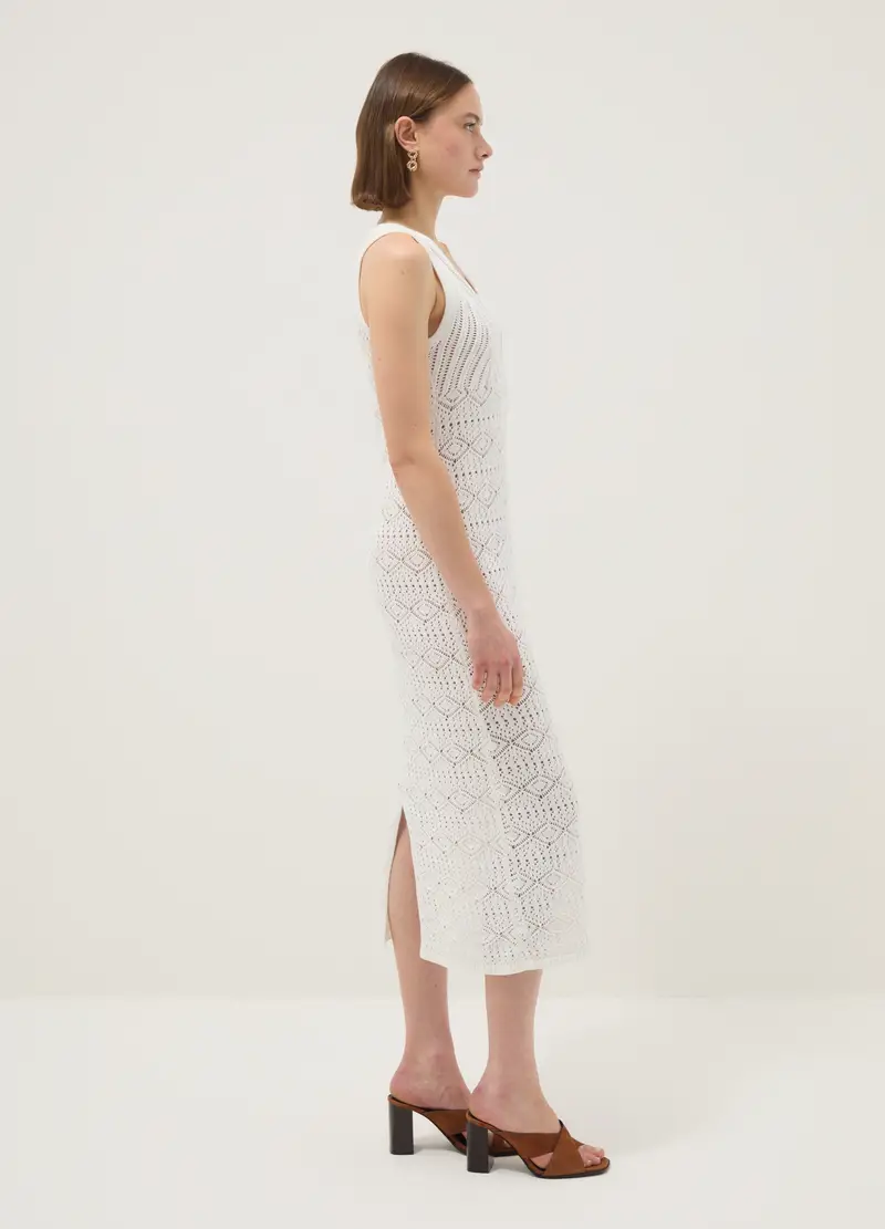 Vestito In Puro Cotone Bianco Slim Fit Con Design Traforato Deep V, Donna, Bianco miniatura 3