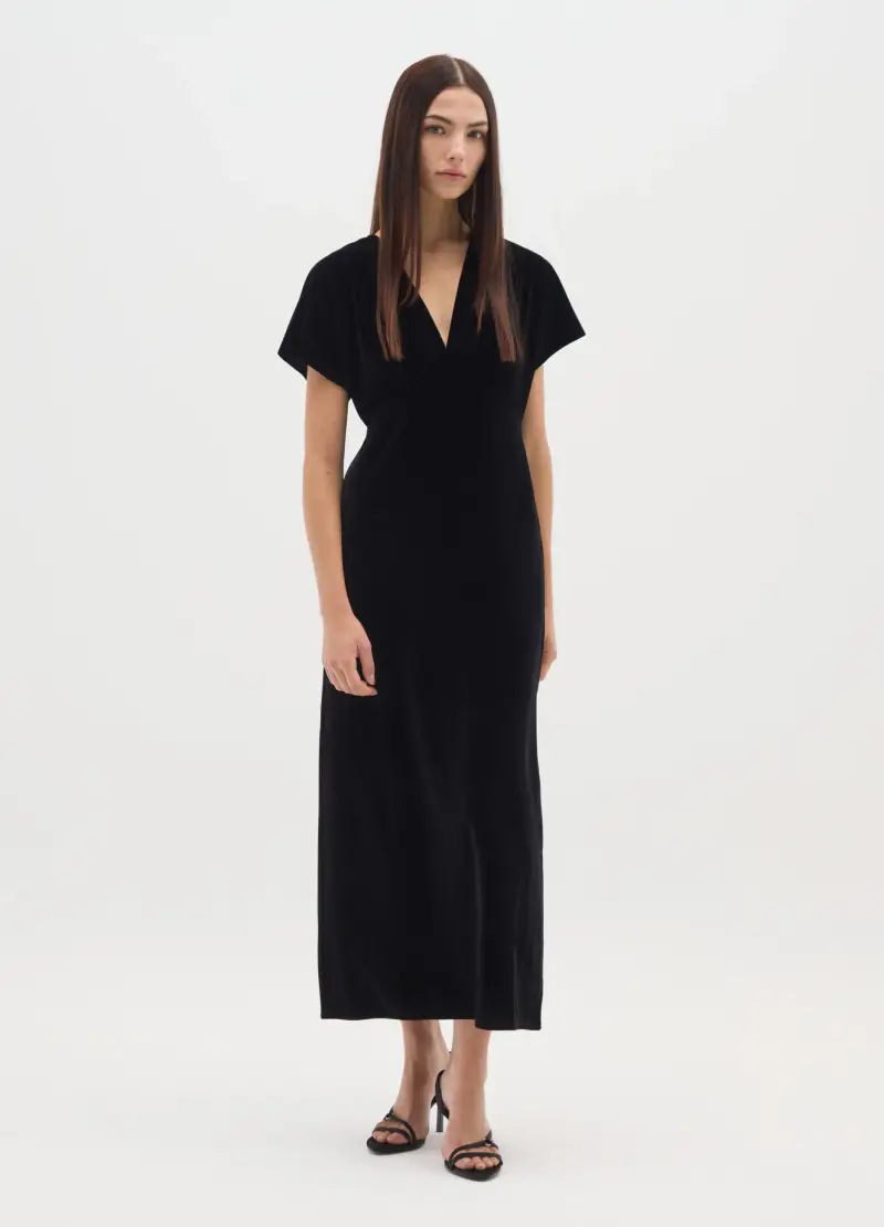 Vestito Lungo Nero Con Scollo Deep V E Maniche Lunghe Regular Fit, Donna, Nero