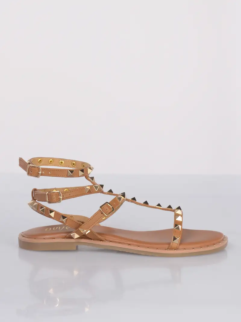 sandalo da donna Ovye in vera pelle con borchie MARRON