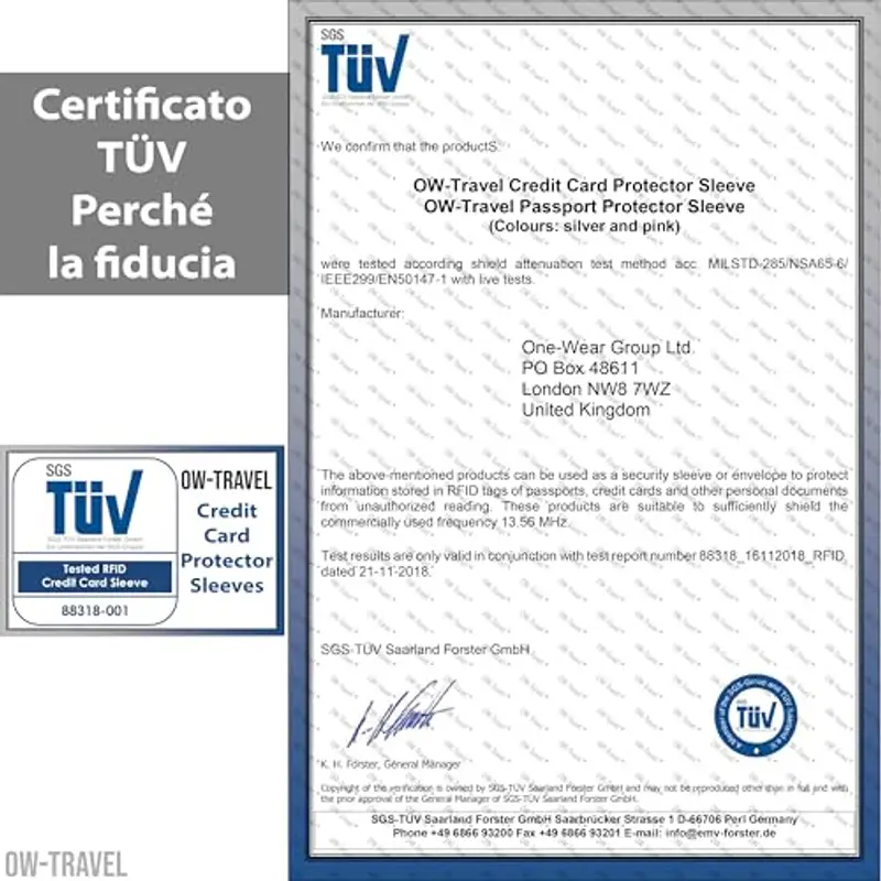 OW-Travel Custodie Blocco RFID. Protezione anti-frode. RFID Protection. Proteggi carte di credito contactless custodia (Porta bancomat schermato 5) miniatura 3