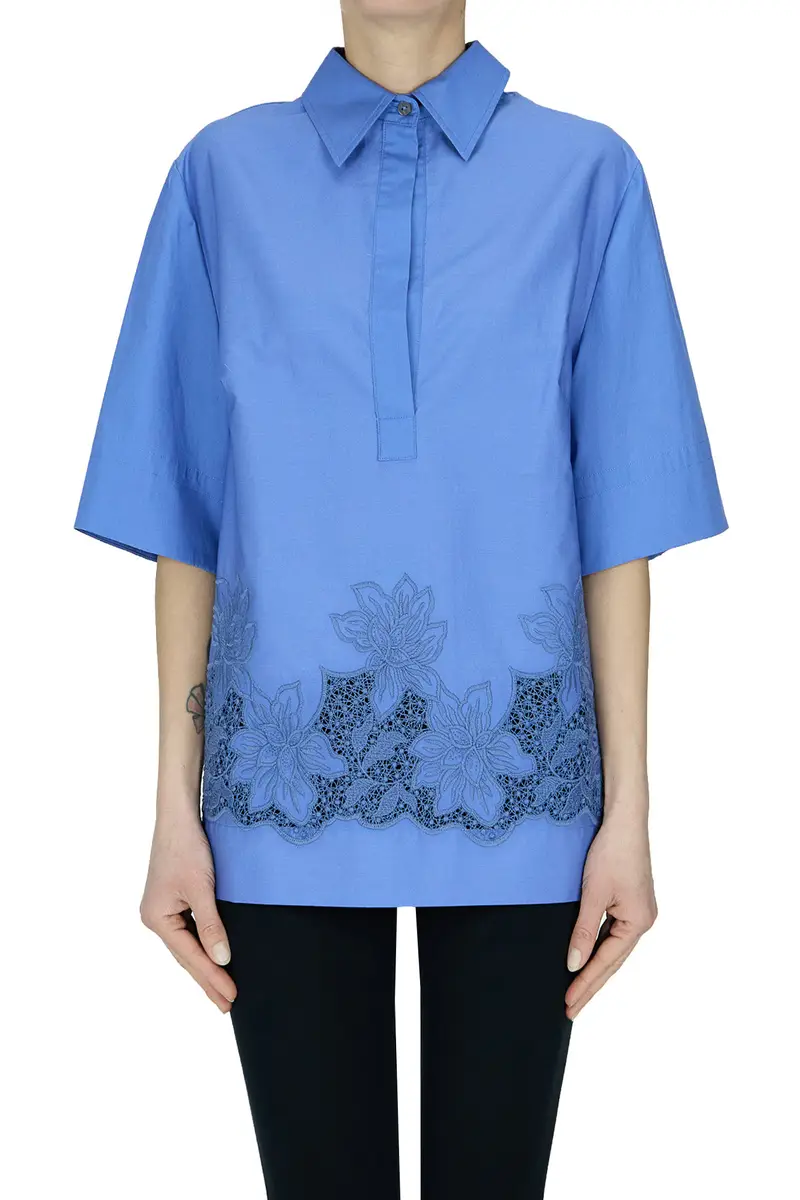 Blusa in cotone con ricami Blu