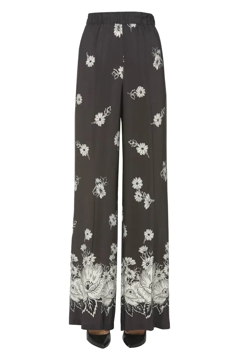 Pantaloni in seta floreale Marrone Scuro