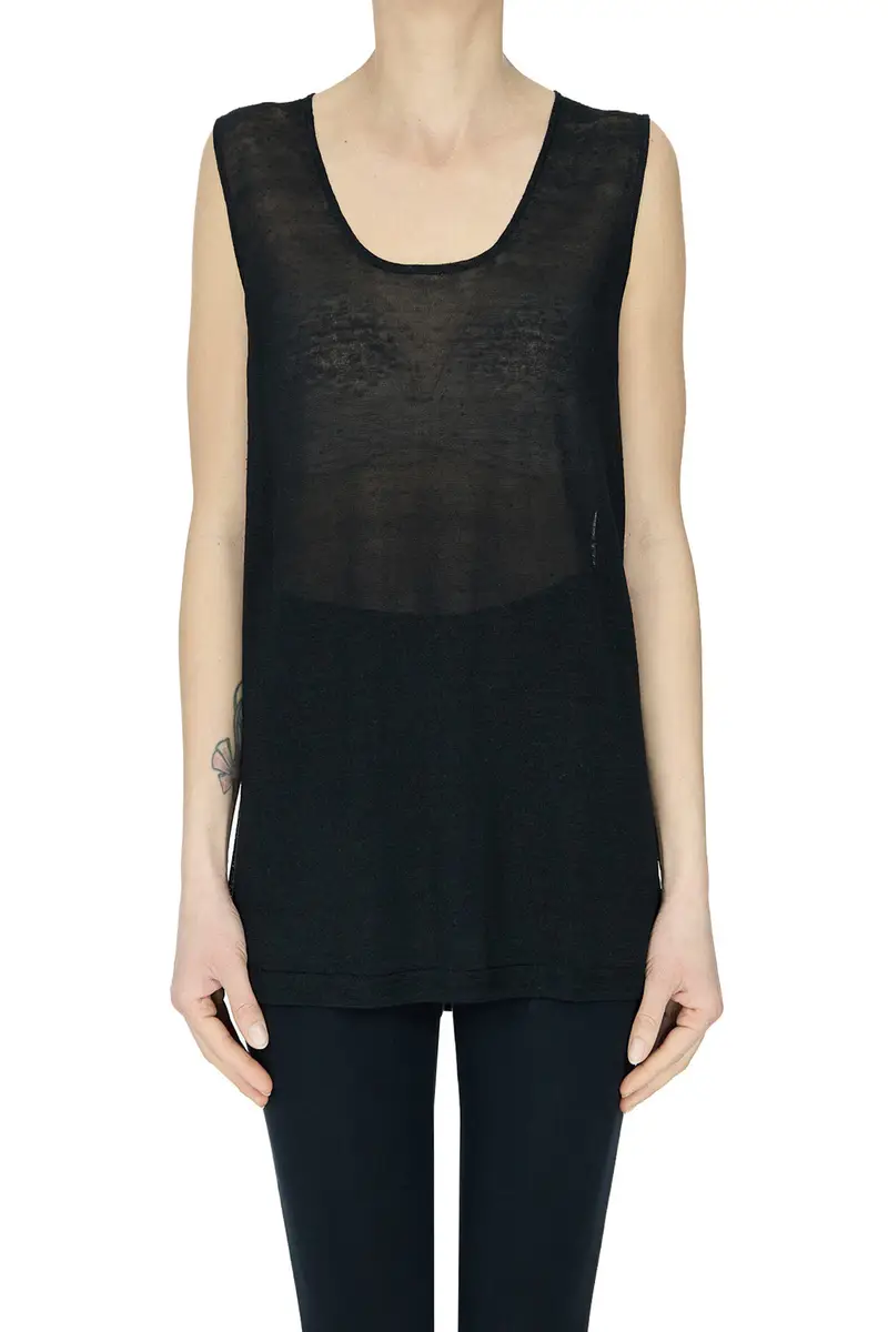 Tank top in lino e viscosa Nero