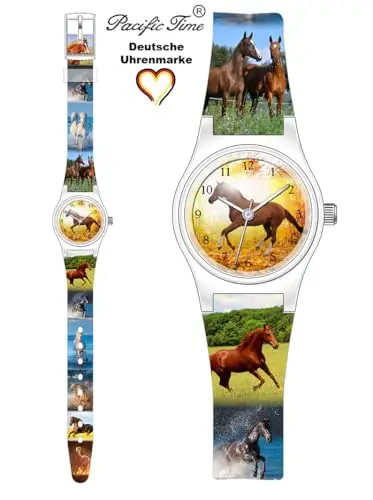 Pacific Time 20335 - Cinturino analogico al quarzo, con motivo cavallo e tramonto, multicolore, Cinghia miniatura 2