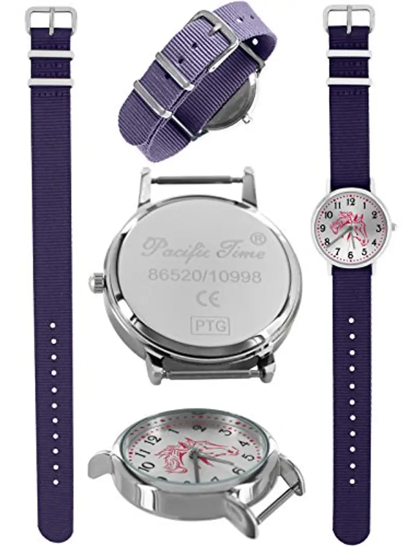 Pacific Time Orologio da polso per bambini, ragazza, ragazzo, rosa, cavalli, cinturino in tessuto, analogico, al quarzo, 86527 - Viola, cinghia miniatura 3