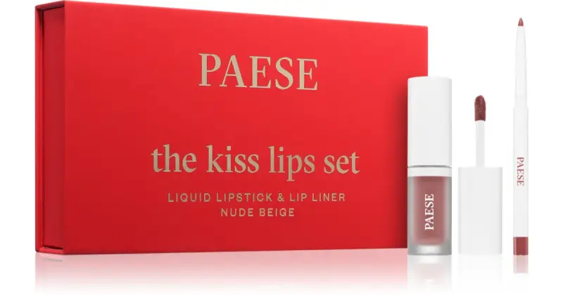 Paese The Kiss Set confezione regalo colore 01 Nude Beige The Kiss Lips rossetto liquido matte 3,4 ml + The Kiss Lips matita contouring per le labbra