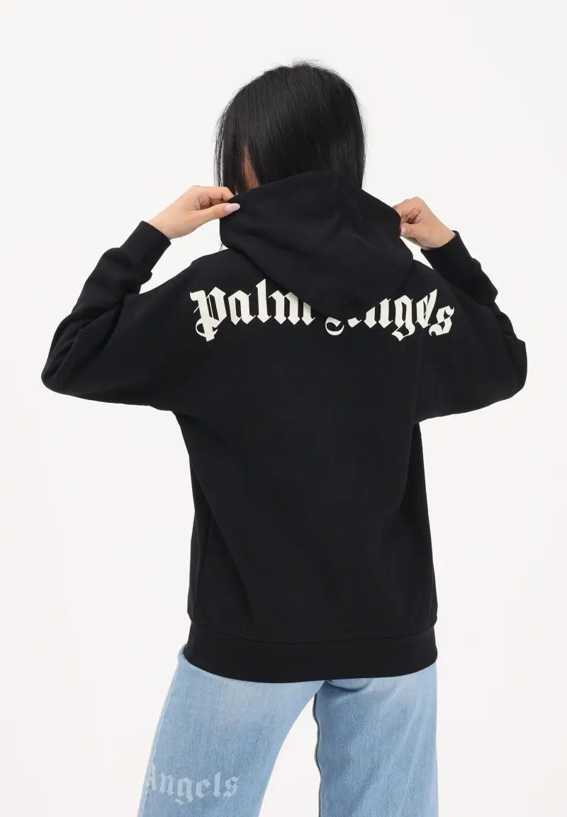 Felpa con cappuccio nera per donna, ragazzi e bambini rifinita da stampa logo miniatura 2