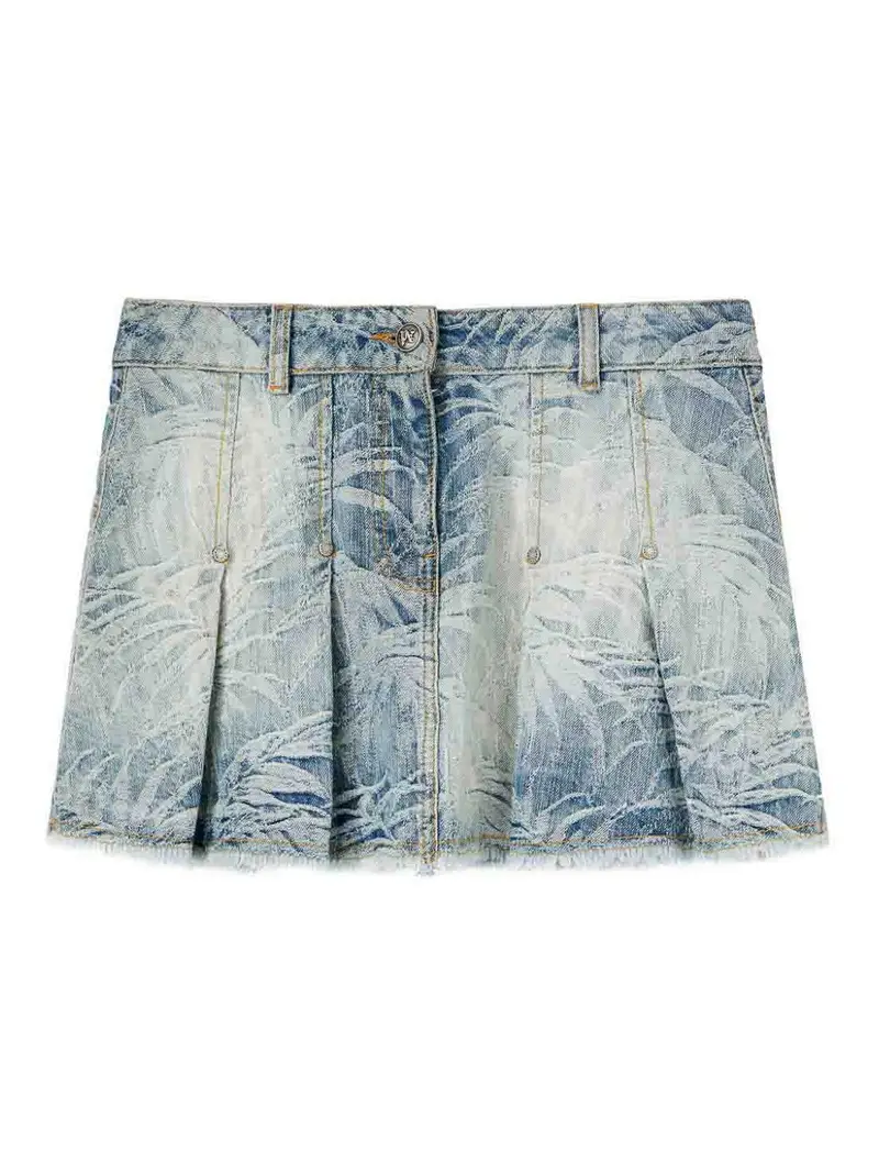 Minigonna In Denim Con Palme In Jacquard Blu