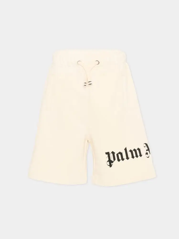 short junior in cotone panna con stampa logo