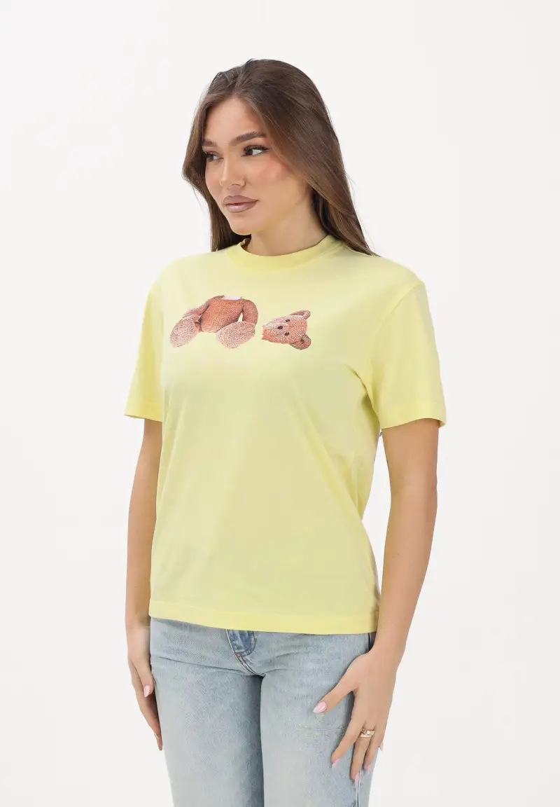 T-shirt a manica corta gialla per donna, ragazzi e bambini con stampa orso