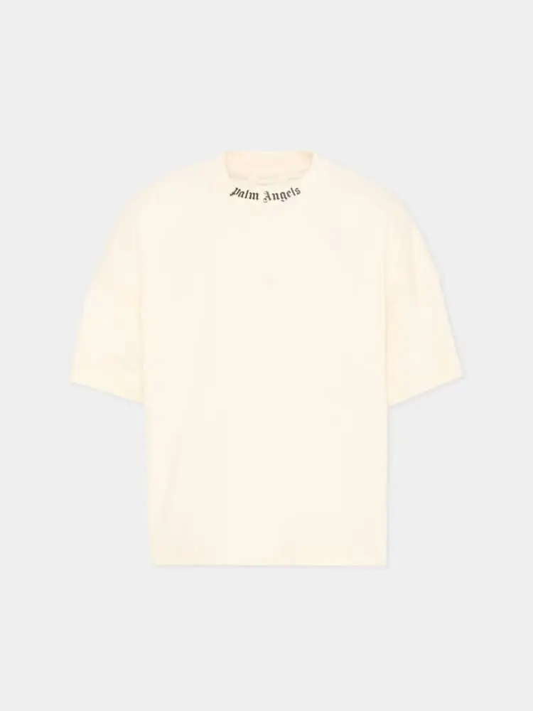 t-shirt over in cotone panna con maxi logo