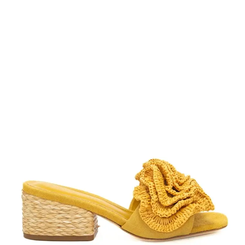 scarpe aperte da donna polly con decorazioni ricamate sulla fascia frontale e tacco a blocco giallo ocra