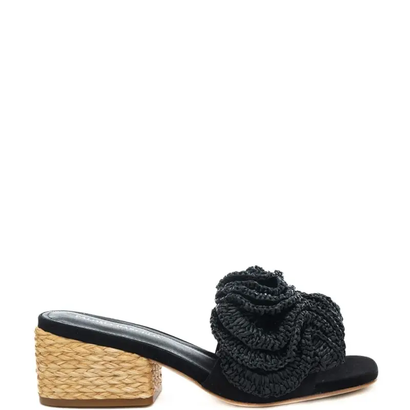 scarpe aperte da donna polly con decorazioni ricamate sulla fascia frontale e tacco a blocco nere