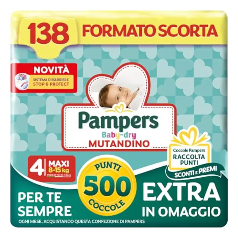 Pampers Baby Dry Mutandino Maxi +500 Punti Coccole extra in omaggio, Taglia 4 (8-15 kg), 138 Pannolini