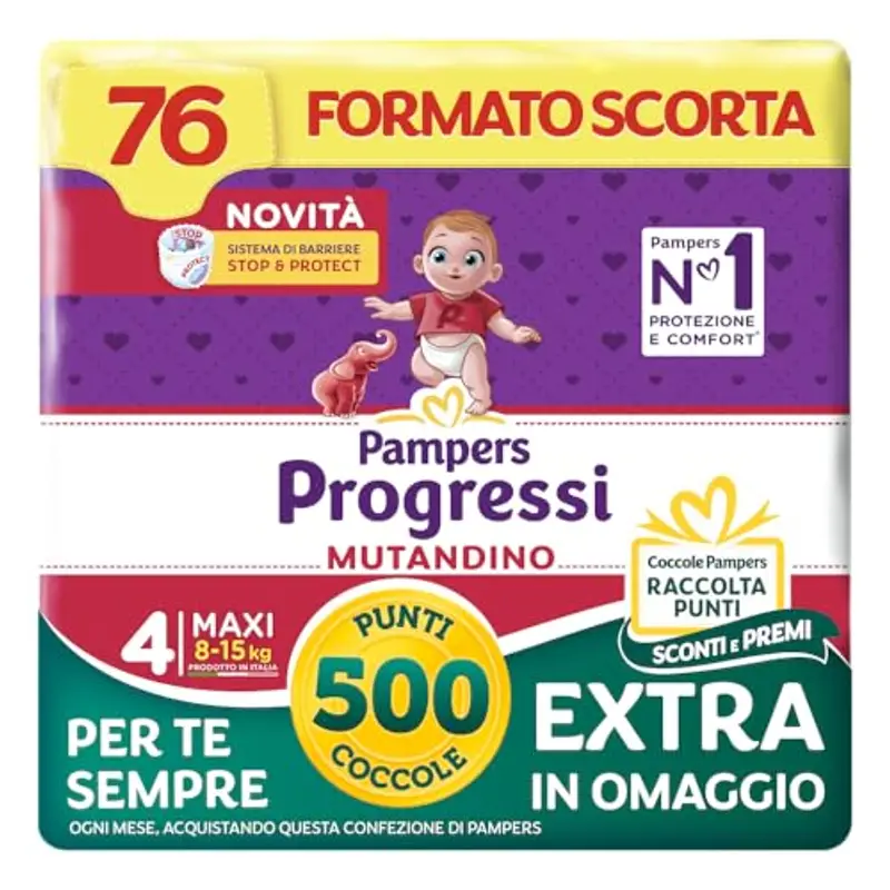 Pampers Progressi Mutandino Maxi +500 Punti Coccole extra in omaggio, Taglia 4 (8-15 kg), 76 Pannolini (formato scorta)