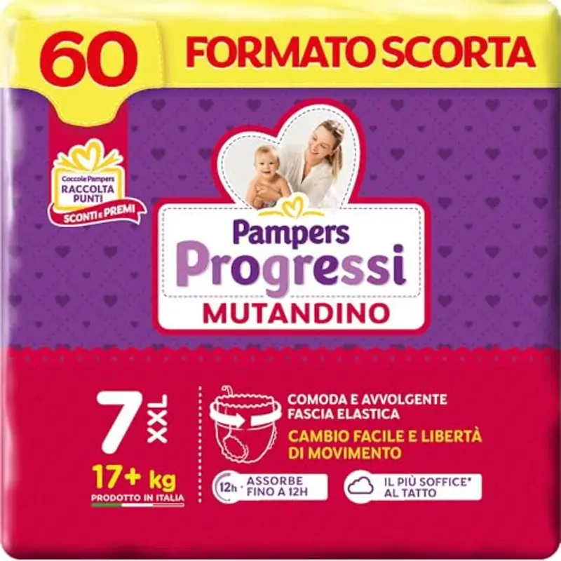 Pampers Progressi Mutandino XXL, 60 Pannolini, Taglia 7 (17+ Kg)