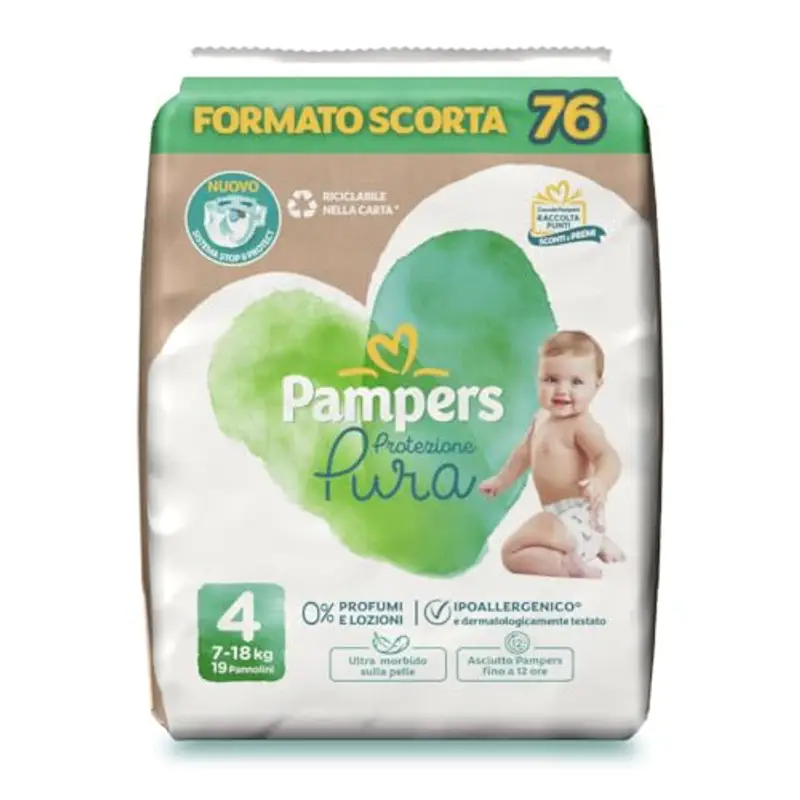 Pampers Protezione Pura, 76 Pannolini Ipoallergenici con 0% Profumo e lozioni, Taglia 4 7-18 Kg, Taglia 4 - Nuova versione