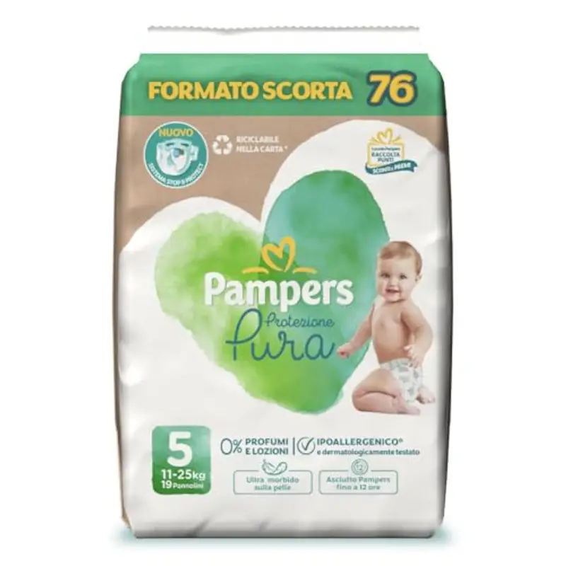Pampers Protezione Pura, 76 Pannolini Ipoallergenici con 0% Profumo e lozioni, Taglia 5 11-25 Kg, Taglia 5 - Nuova versione
