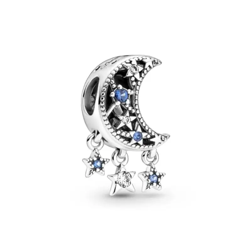 PANDORA Ciondolo Moments in argento Sterling con luna e stella con cristallo blu stellare e zirconia cubica trasparente