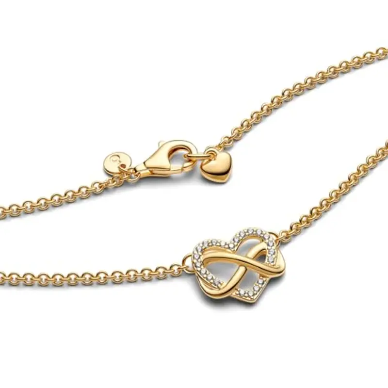 PANDORA Collana Moments a forma di cuore con simbolo dell'infinito brillante placcata in oro 14 carati con zirconi cubici trasparenti miniatura 3