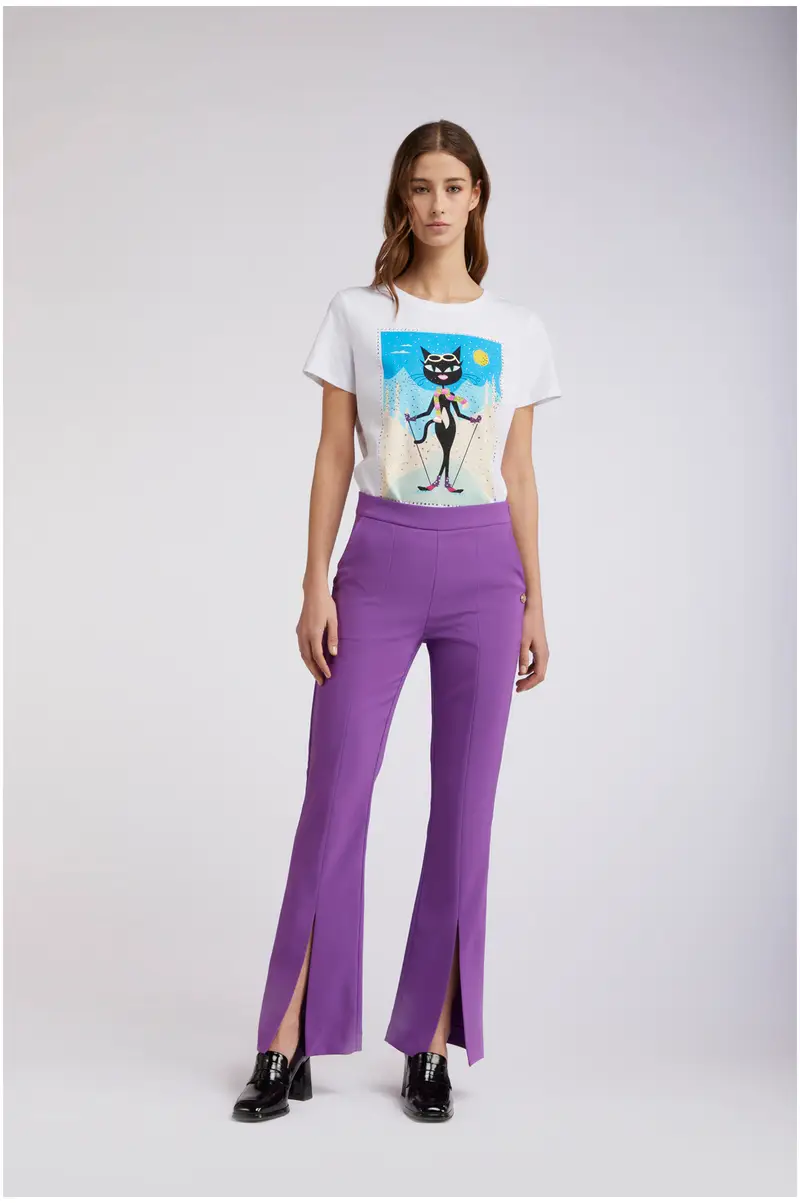 pantalone a zampa con spacco davanti tessuto bistretch viola 40