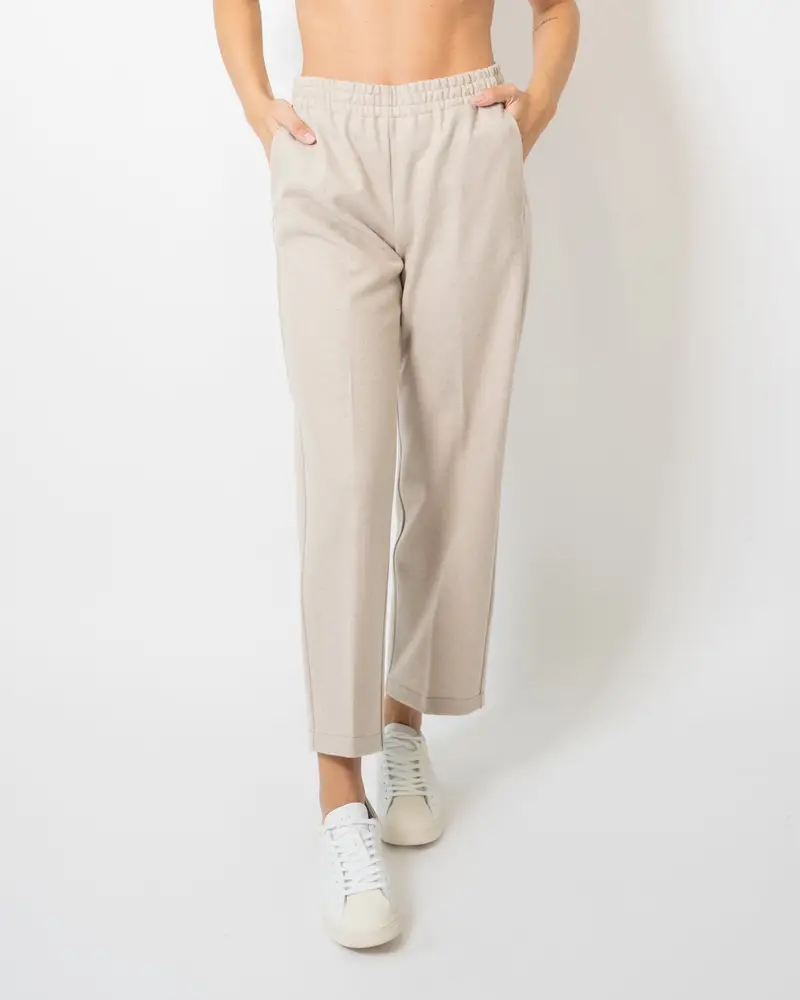 Pantalone dritto elasticato in maglia Beige
