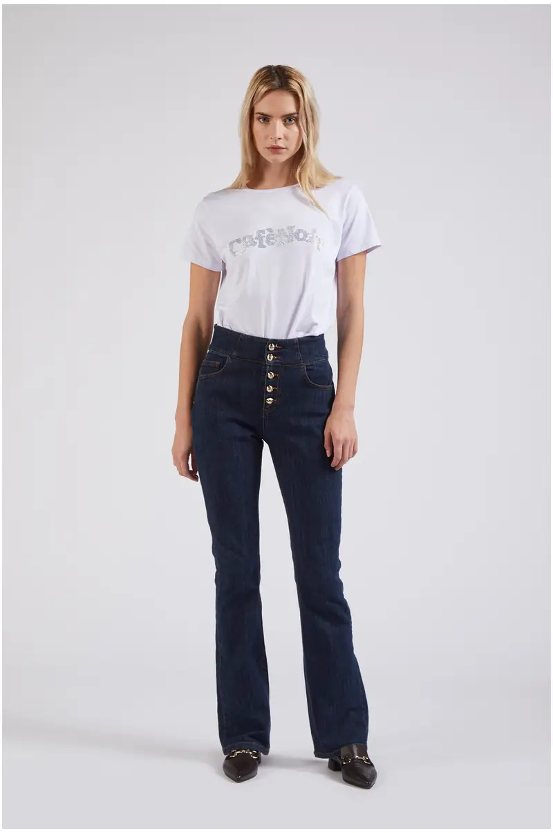 pantalone flare con bottoni a vista a vita alta blu medio scuro 29