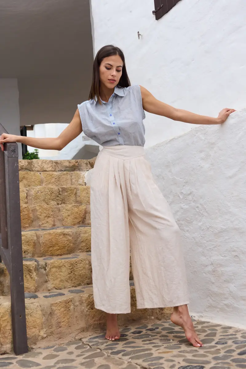 PANTALONE IN MISTO LINO | Colore: Avorio | Taglia: XS