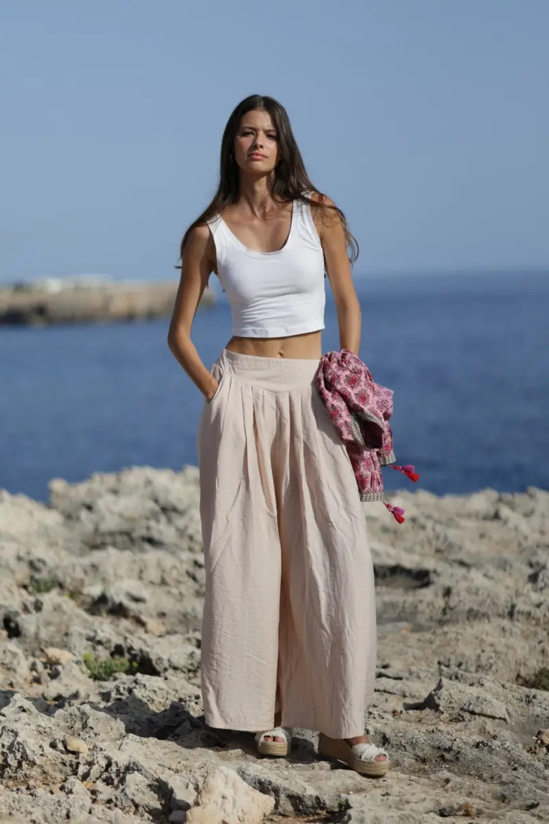 PANTALONE IN MISTO LINO | Colore: Rosa | Taglia: L