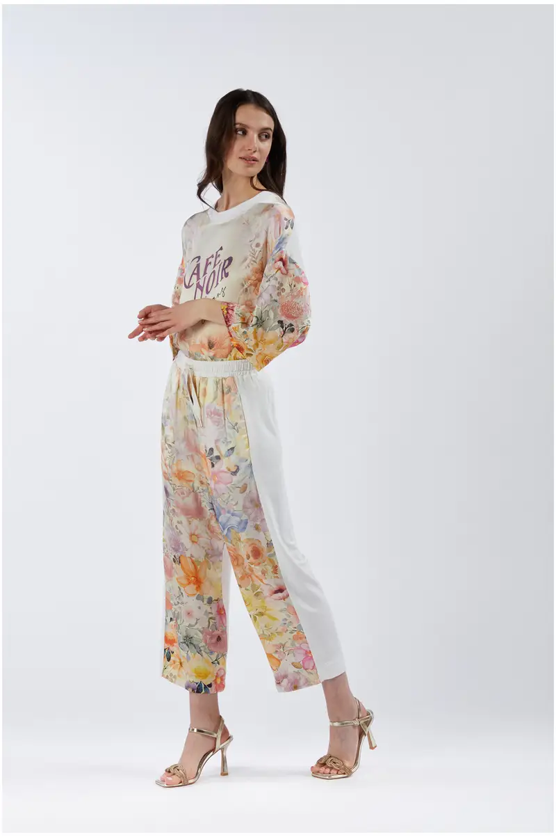 pantaloni bimateriale con davanti stampato flower panel l