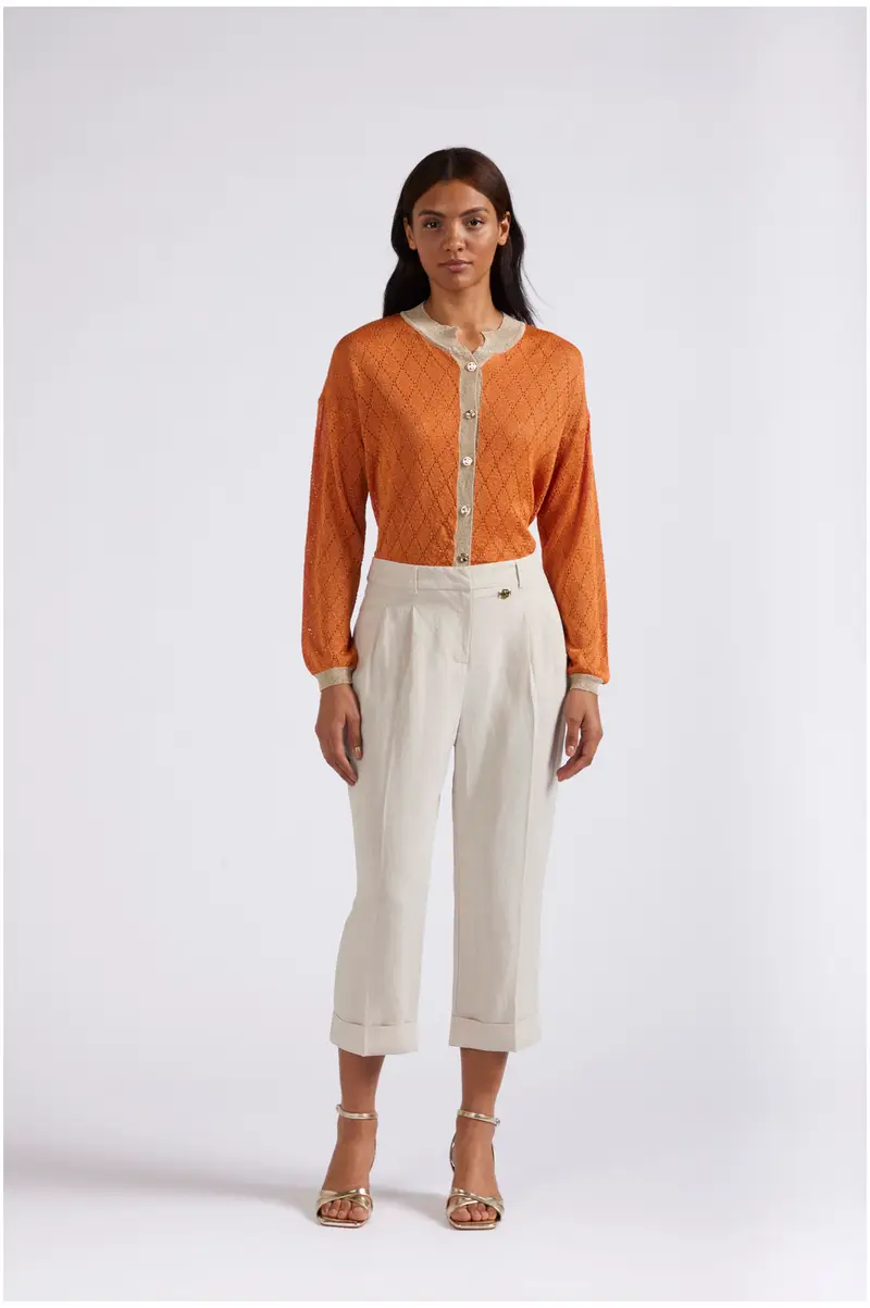 pantaloni cropped con risvolto in misto lino corda